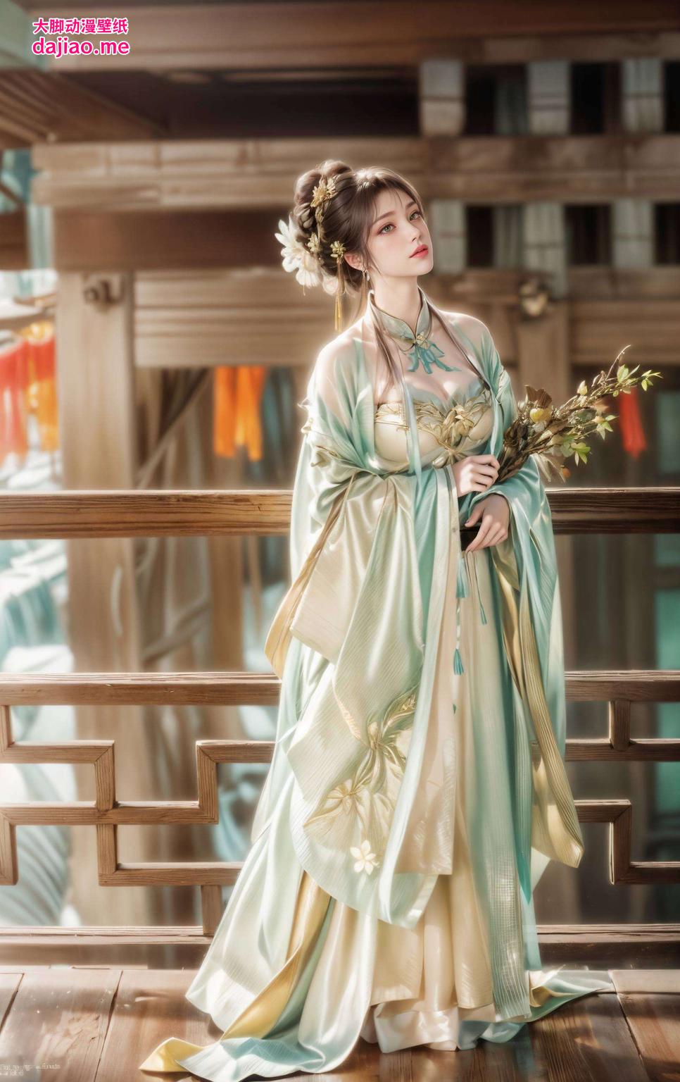 每一朵花瓣都映衬着她的灵动之美在绚烂的花卉背景下